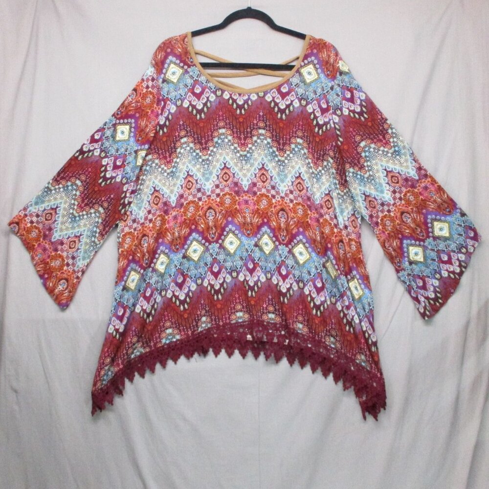 New Directions BOHO Tribal Wide Sleeve Tunic Lace Hem Multi-Color Women Size  3X